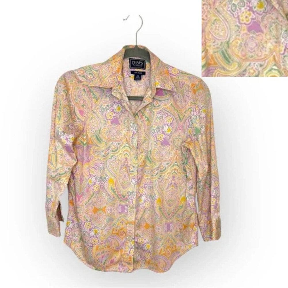 Ralph Lauren Chaps Pink Yellow Paisley Button Down Shirt Boho Preppy XS